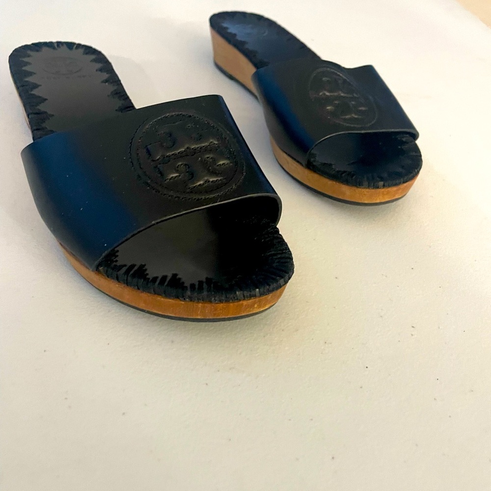 Tory Burch Black and Cork Wedge Sandals 6.5